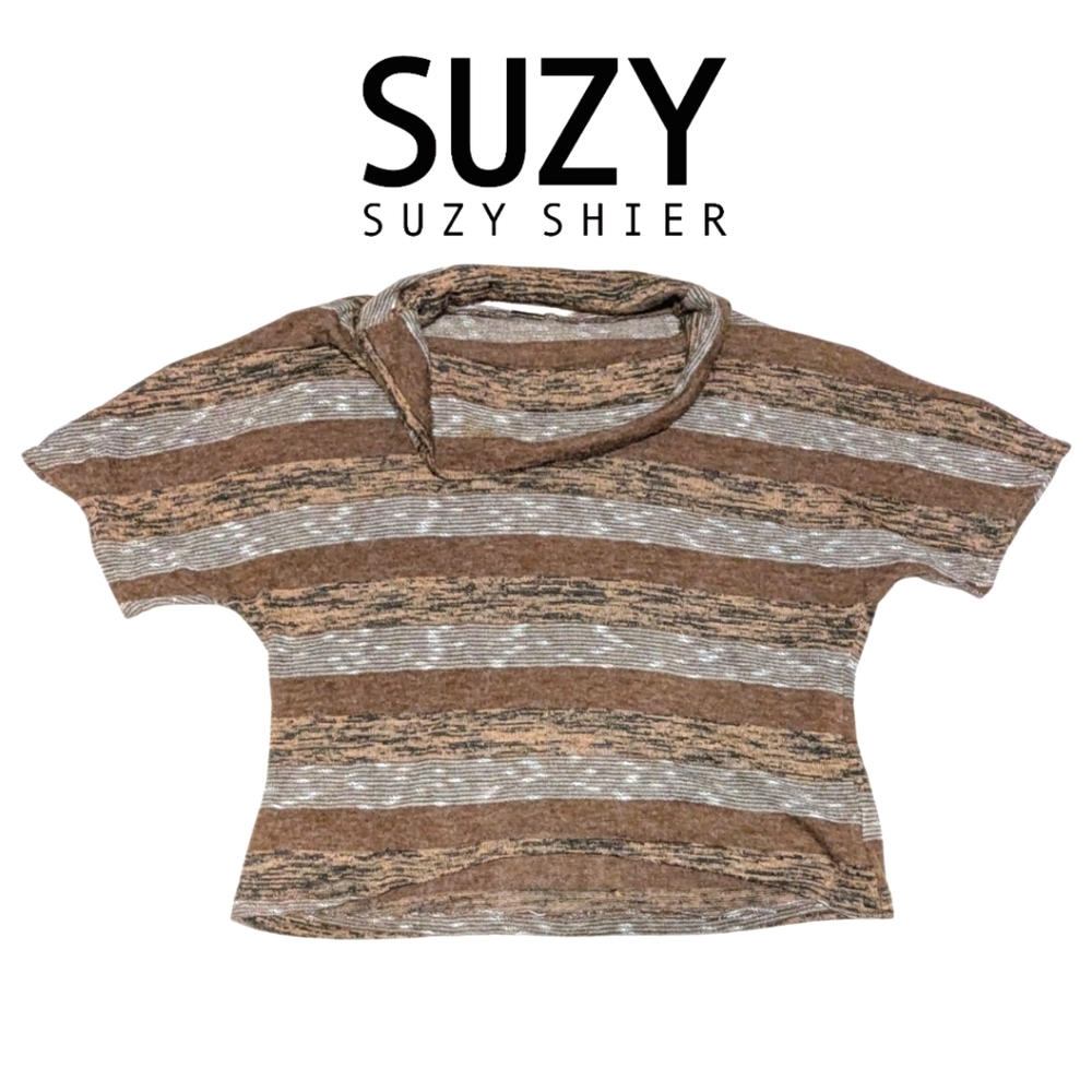 Suzy Shier size XL EUC brown & tan short sleeve cowl neck top